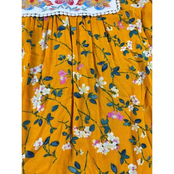 Savanna Jane Cottagecore Yellow Floral Embroidered Boho Pom Pom Trim Blouse M - Picture 9 of 13